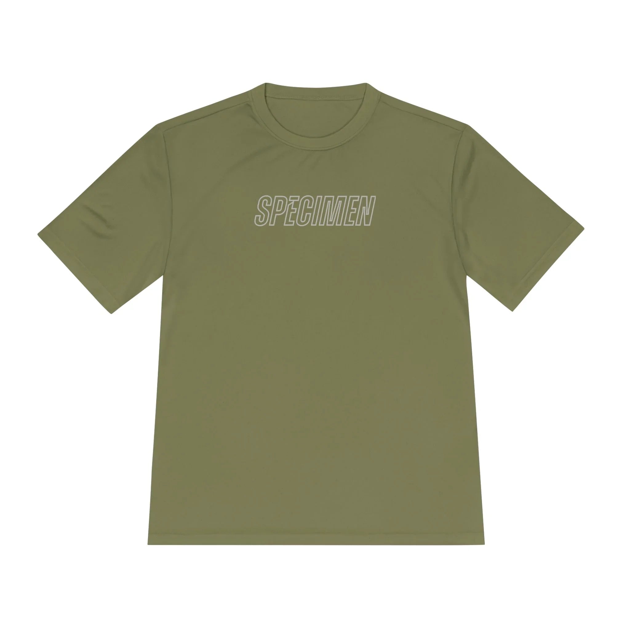 Olive green t-shirt with 'SPECIMEN' text on a white background