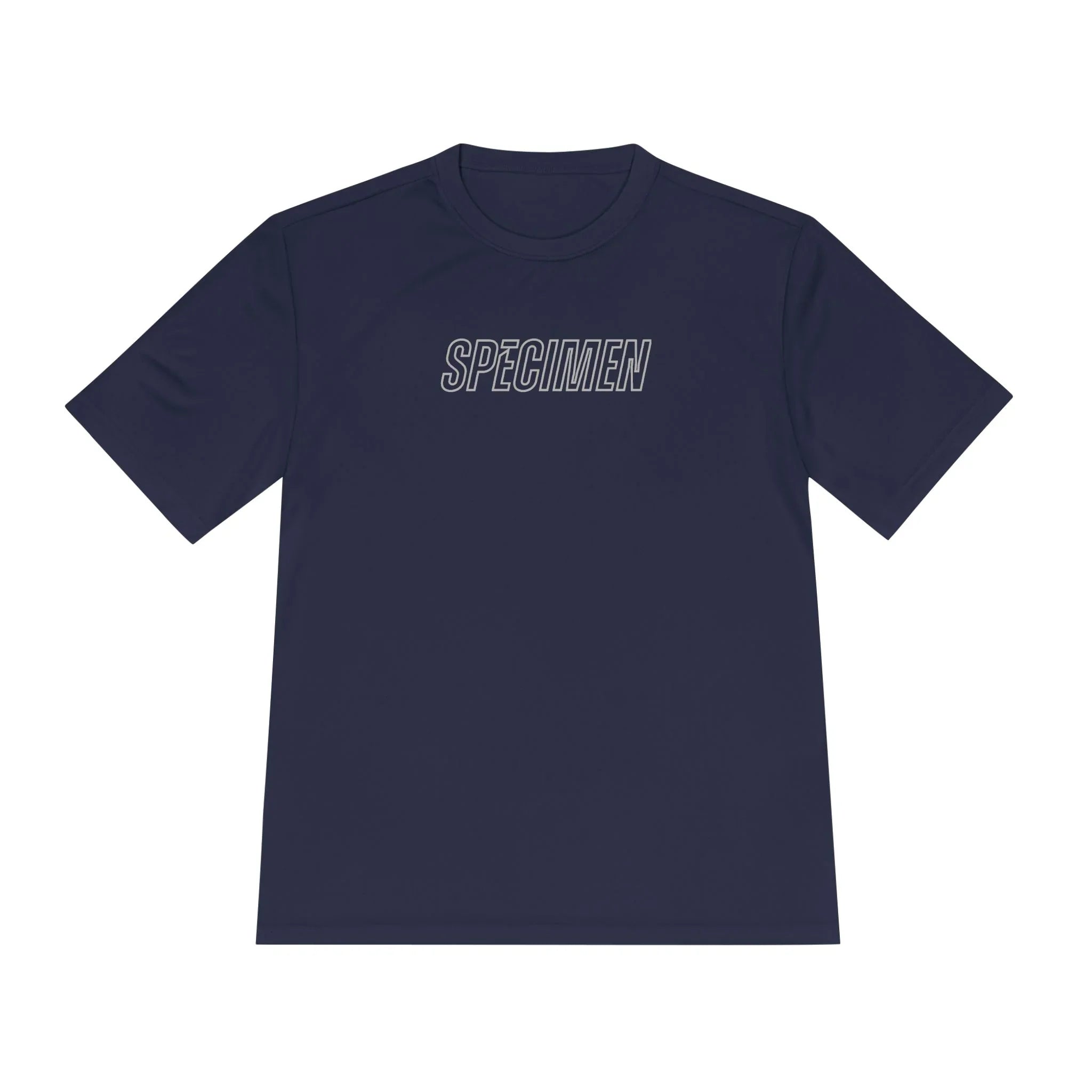 Navy blue t-shirt with 'SPECIMEN' text on a white background