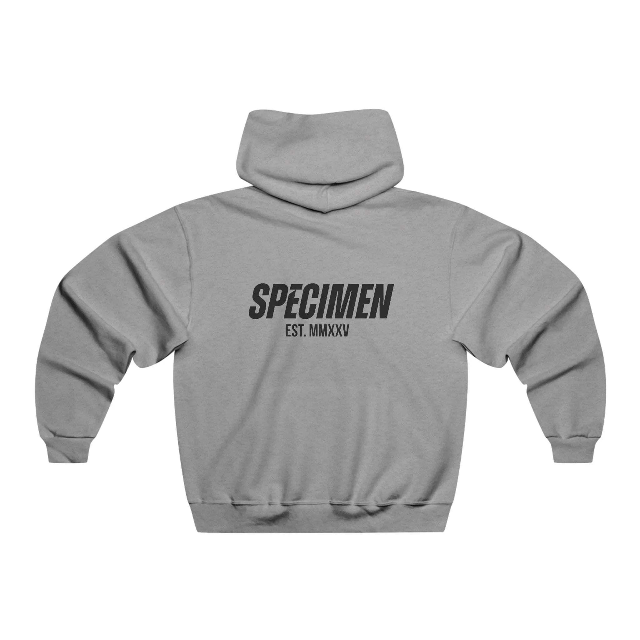 Gray hoodie with 'SPECIMEN EST. MMXV' text on a white background