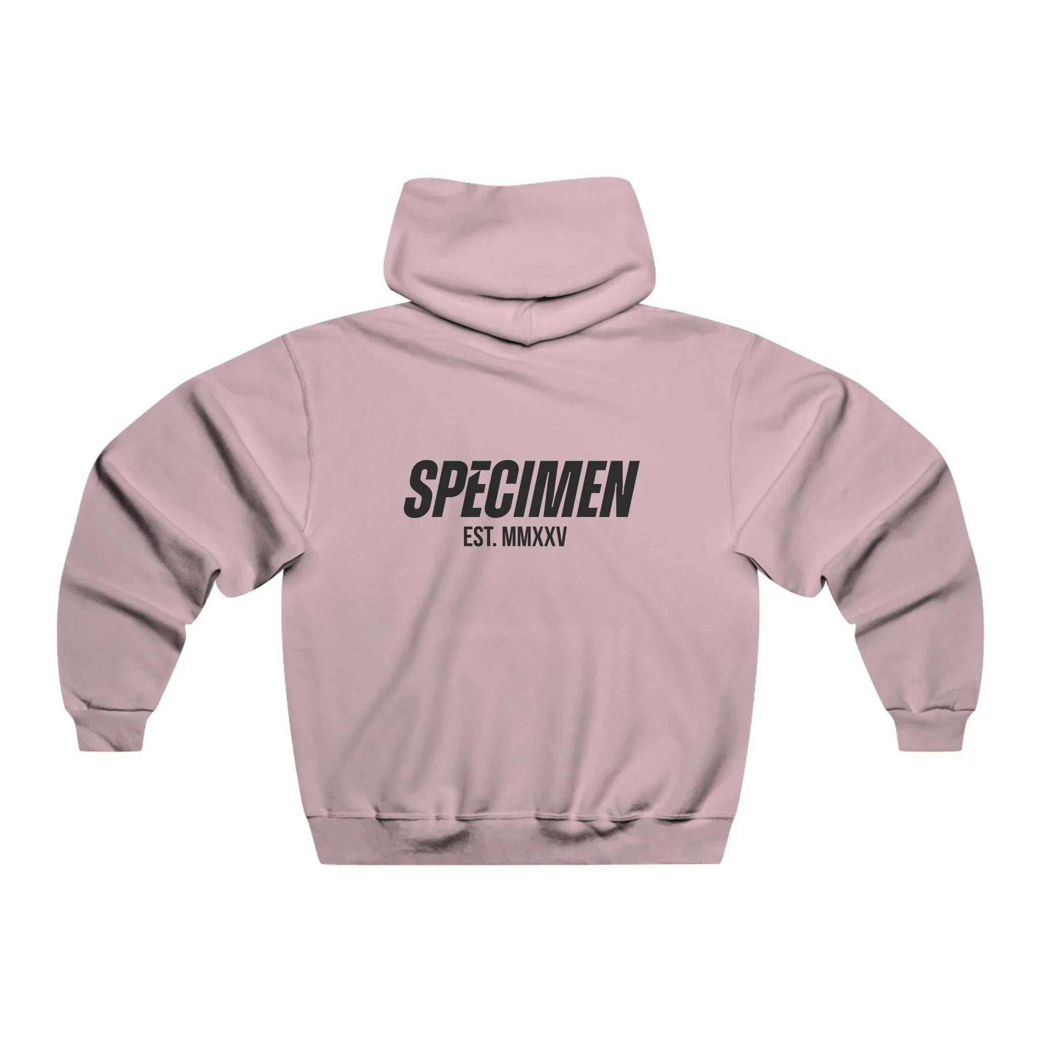 Pink hoodie with 'SPECIMEN EST. MMXXV' text on a white background