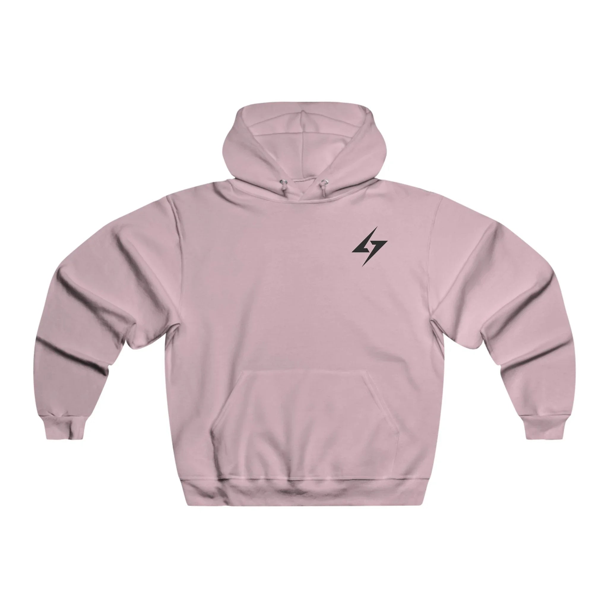 Pink hoodie with a black lightning bolt symbol on a white background