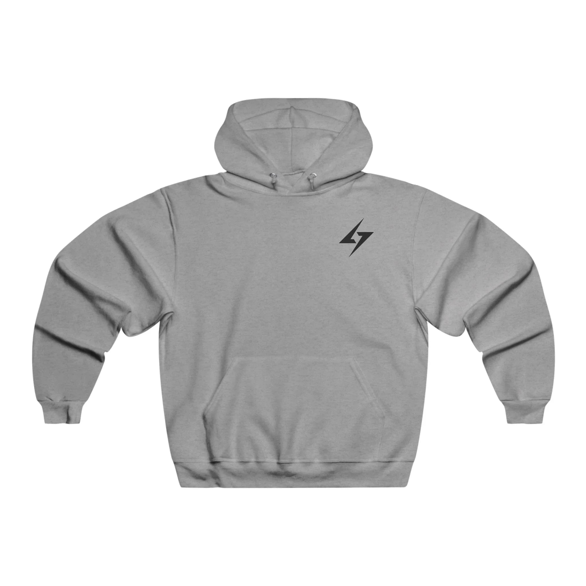 Gray hoodie with a black lightning bolt symbol on a white background