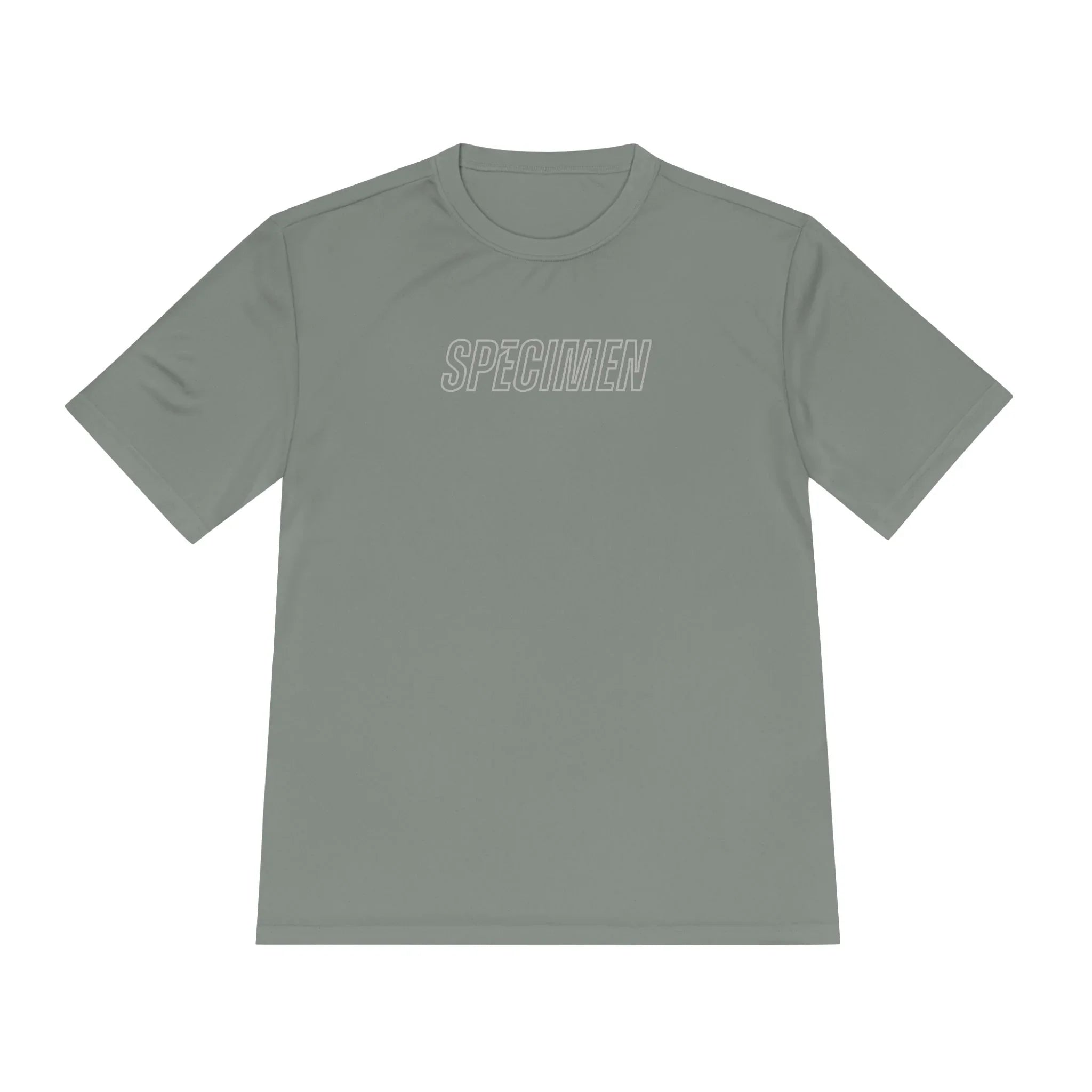 Gray t-shirt with 'SPECIMEN' text on a white background