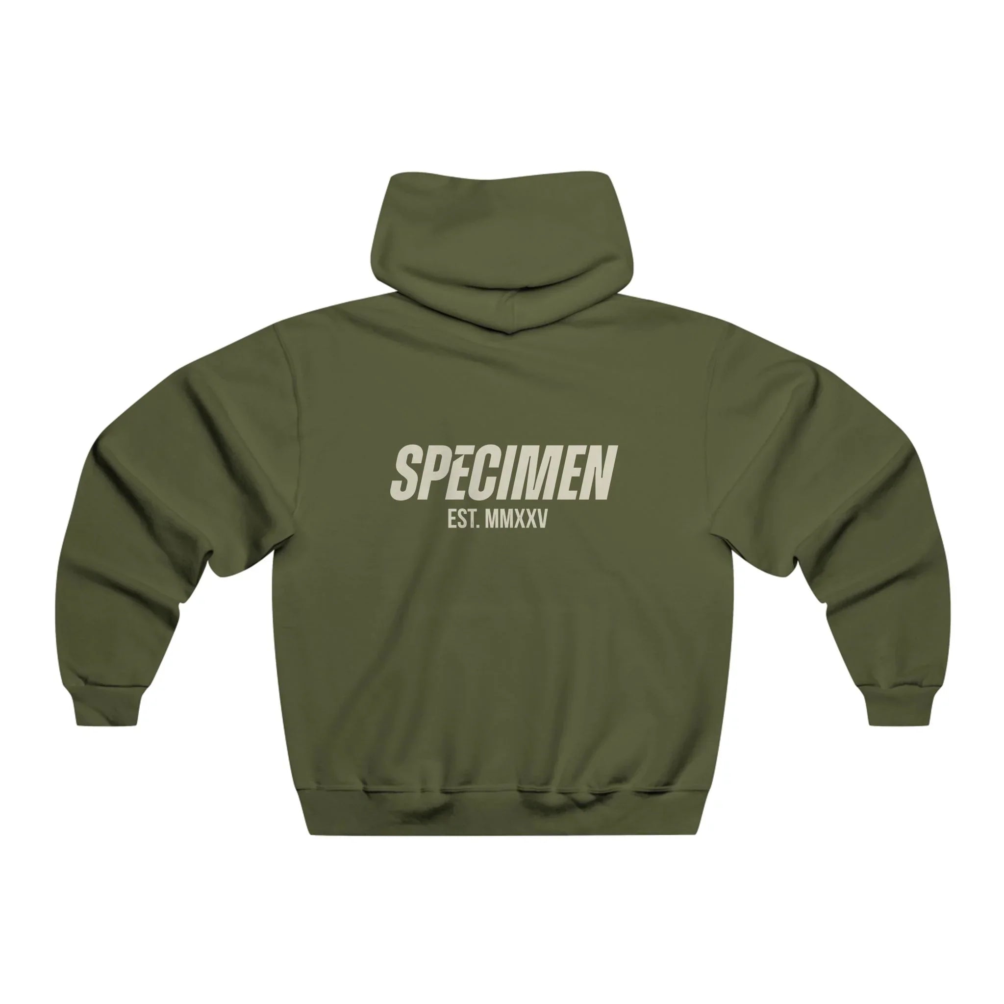 Green hoodie with 'SPECIMEN EST. MMXV' text on the back against a white background