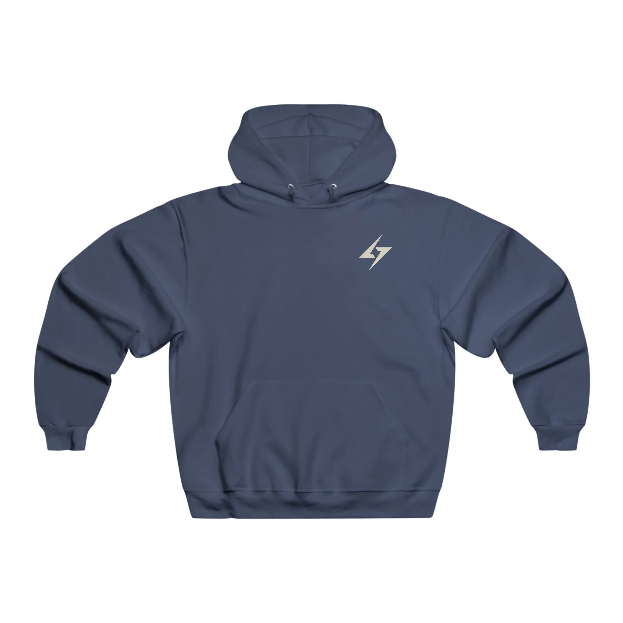 Blue hoodie with a lightning bolt logo on the back against a white background