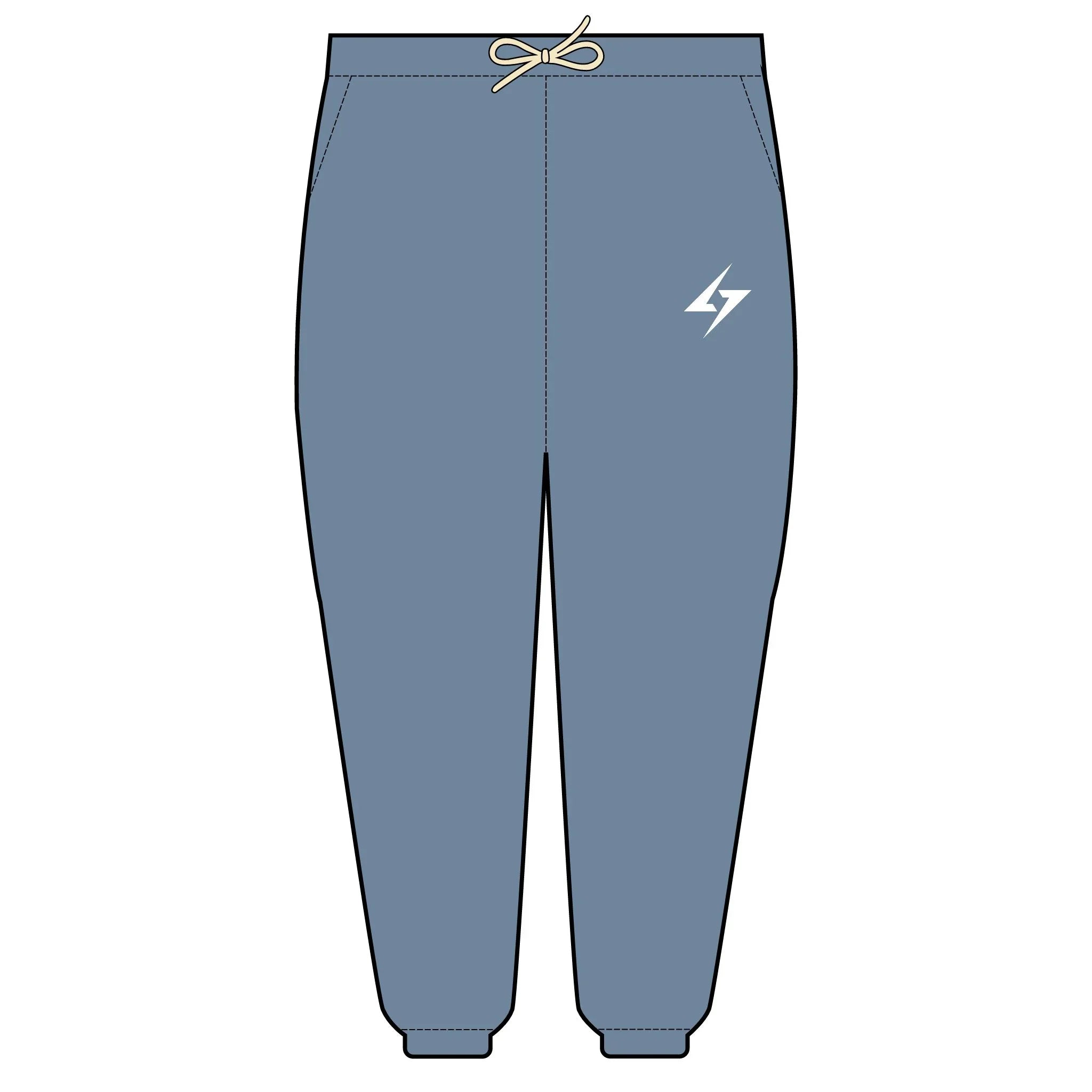 Blue jogger pants with a logo on a white background