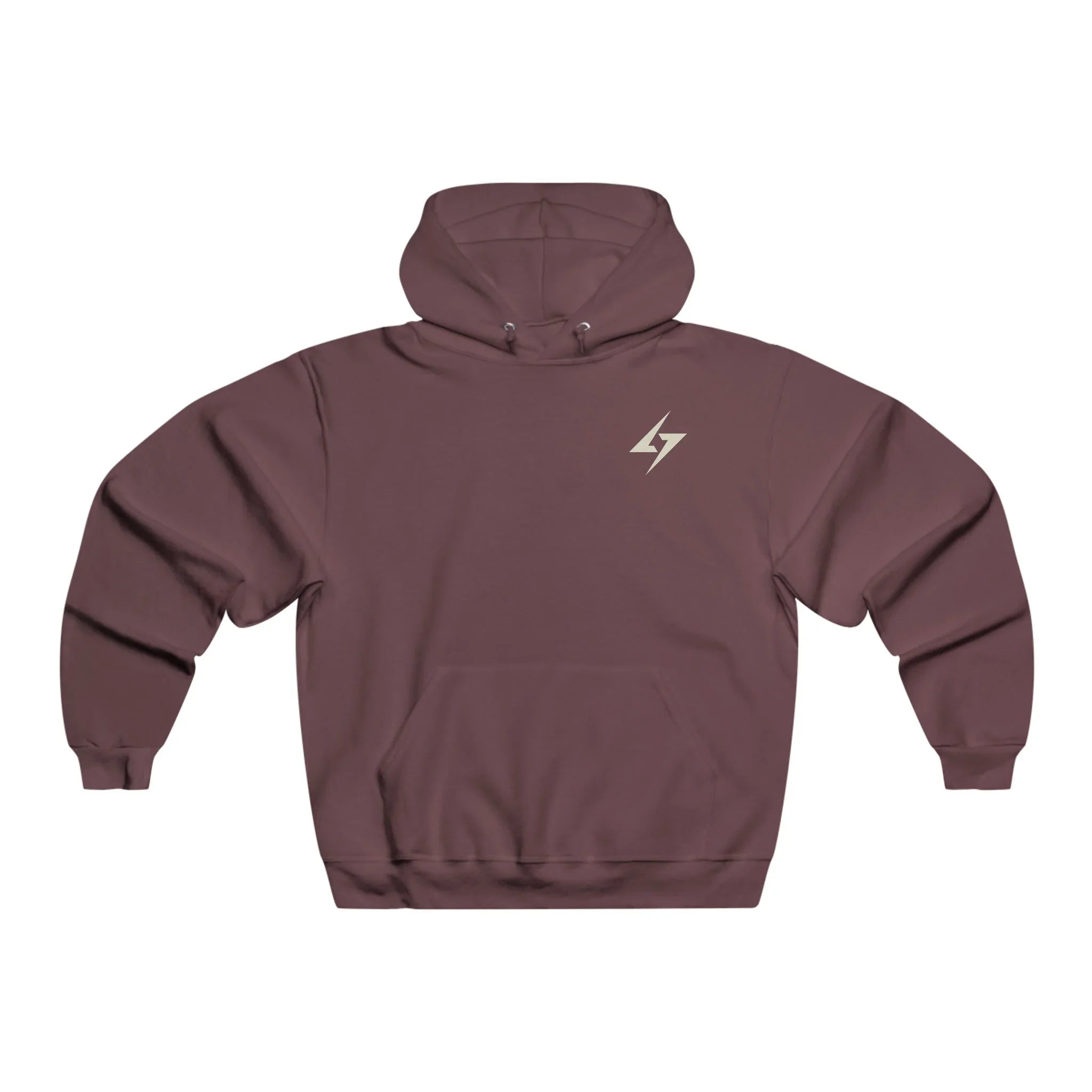 Maroon hoodie with a lightning bolt logo on the chest against a white background