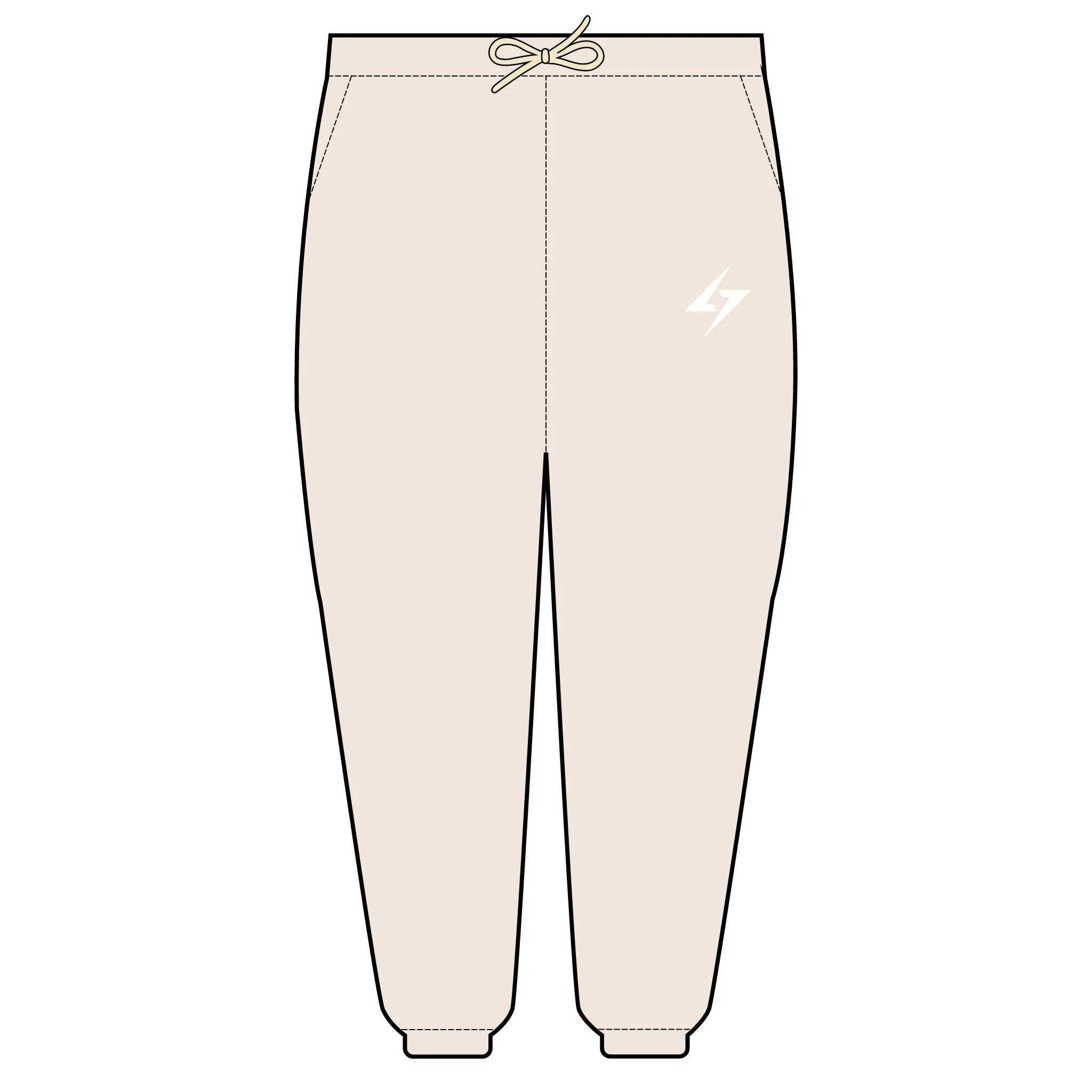 Beige sweatpants with a small logo on a white background