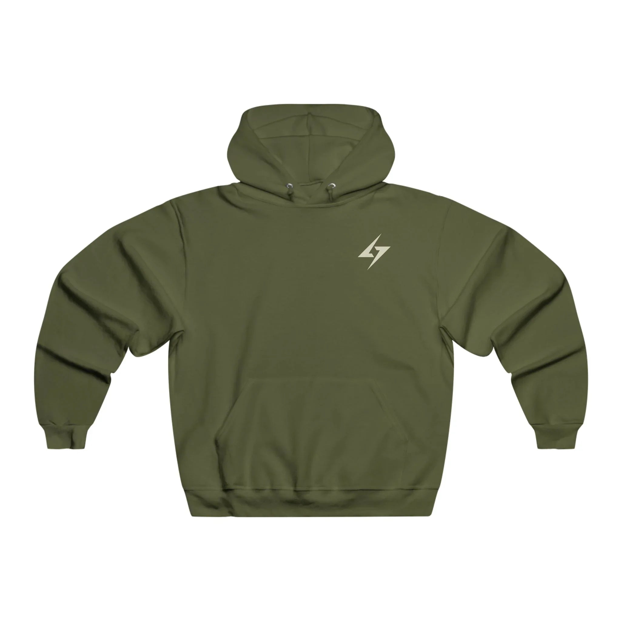 Green hoodie with a logo on the back against a white background