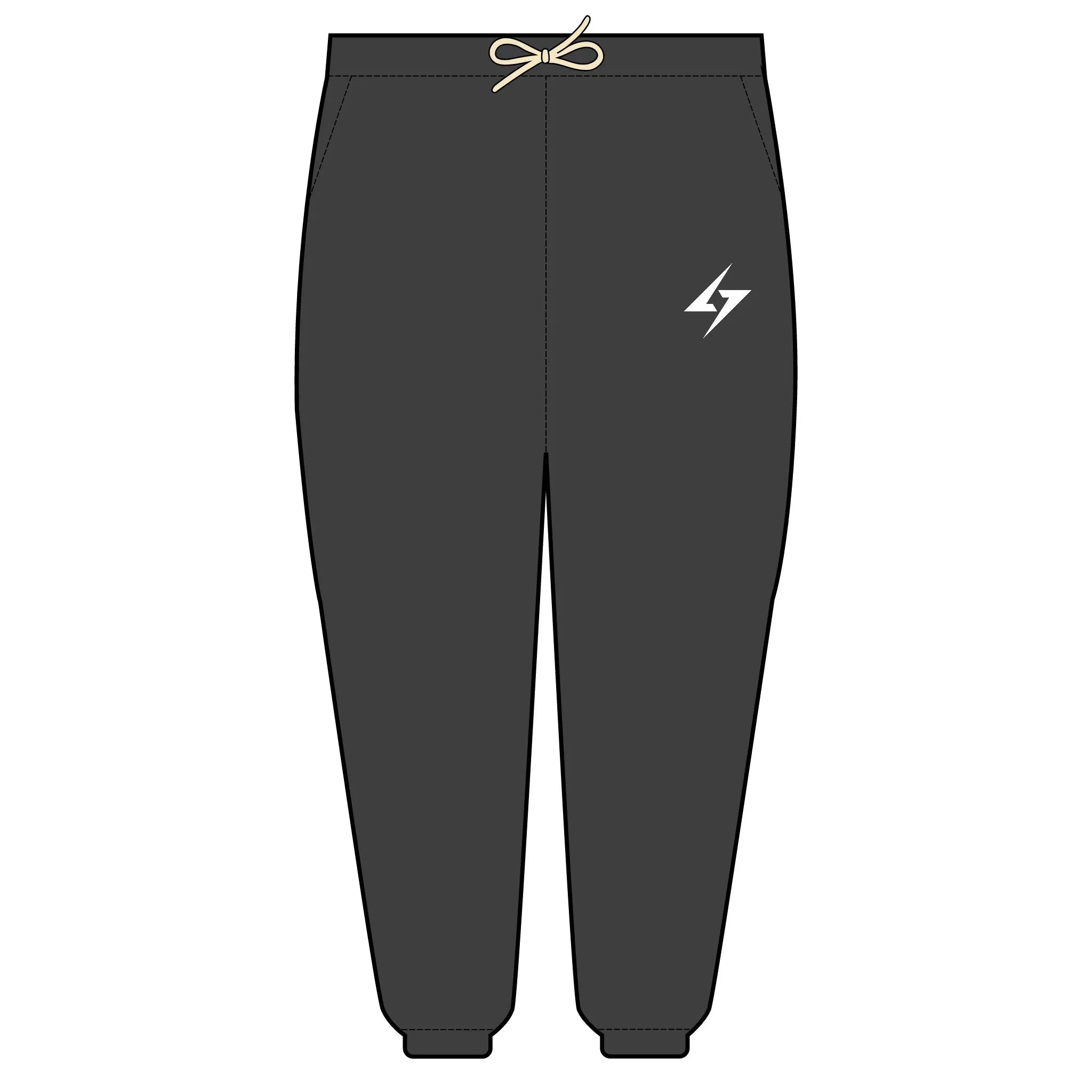 Black jogger pants with a logo on a white background